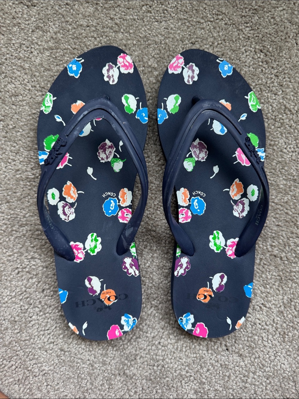 Coach Navy Flip Flops with Multicolor Floral Print